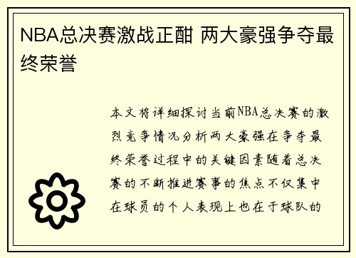 NBA总决赛激战正酣 两大豪强争夺最终荣誉