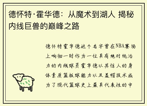 德怀特·霍华德：从魔术到湖人 揭秘内线巨兽的巅峰之路